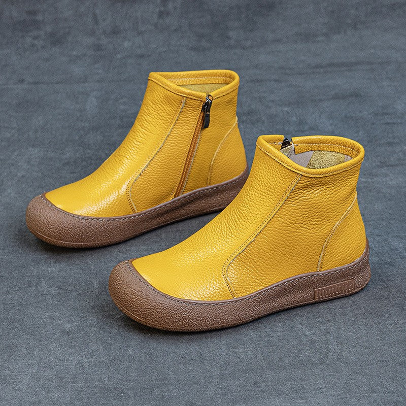 Soft Cowhide Leather Side Zip Ankle Boots - Yellow