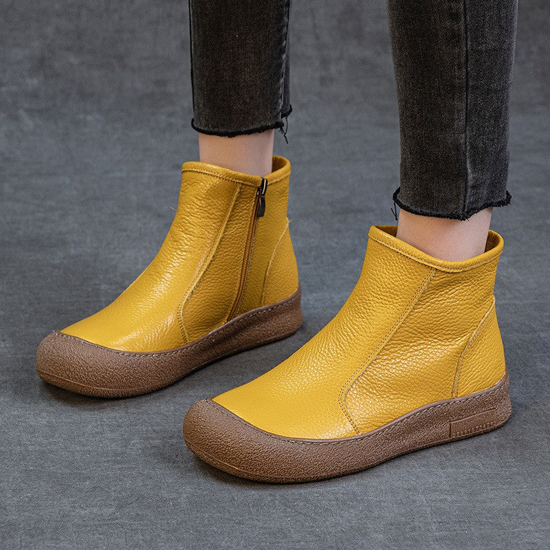 Soft Cowhide Leather Side Zip Ankle Boots