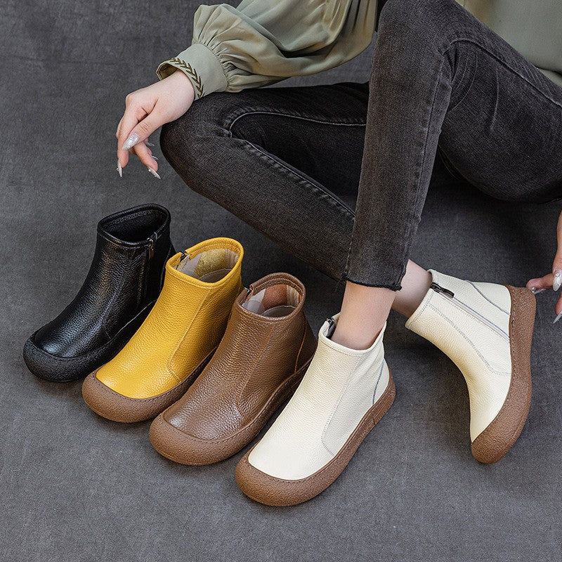 Soft Cowhide Leather Side Zip Ankle Boots
