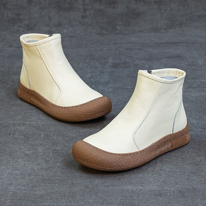 Soft Cowhide Leather Side Zip Ankle Boots