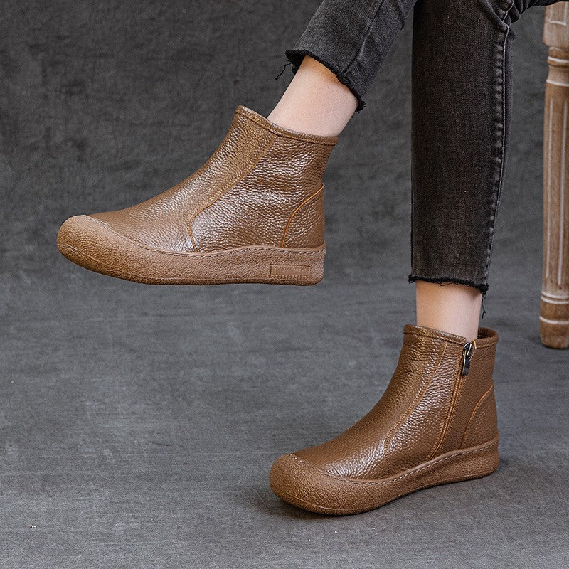Soft Cowhide Leather Side Zip Ankle Boots