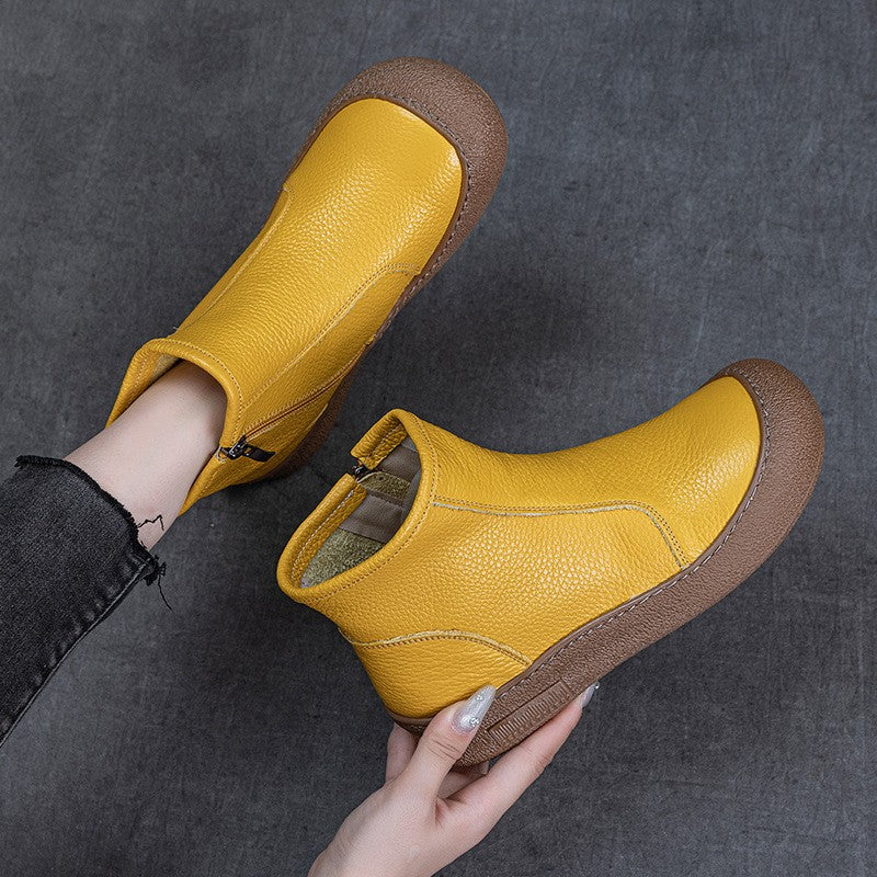 Soft Cowhide Leather Side Zip Ankle Boots
