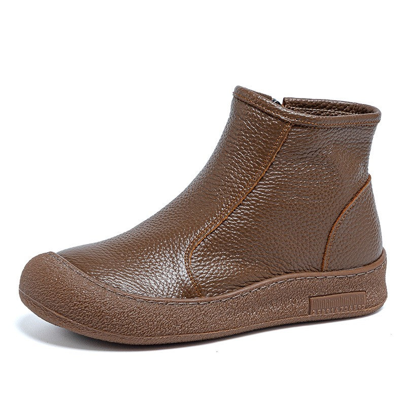 Soft Cowhide Leather Side Zip Ankle Boots