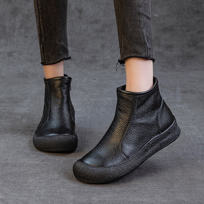 Soft Cowhide Leather Side Zip Ankle Boots