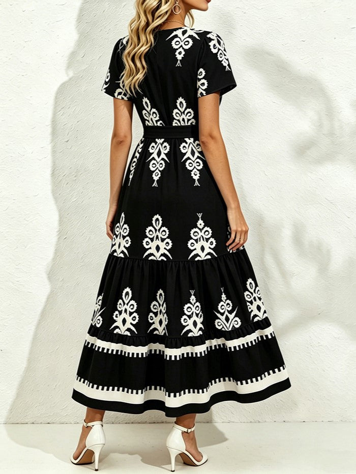 Flutter Sleeve Tiered Boho Maxi Dress - Black - 1