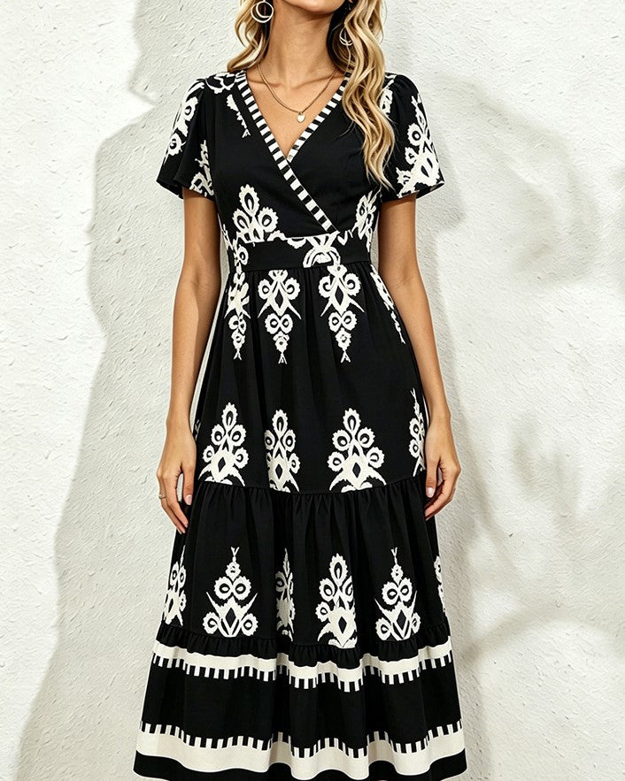 Flutter Sleeve Tiered Boho Maxi Dress - Black - 2