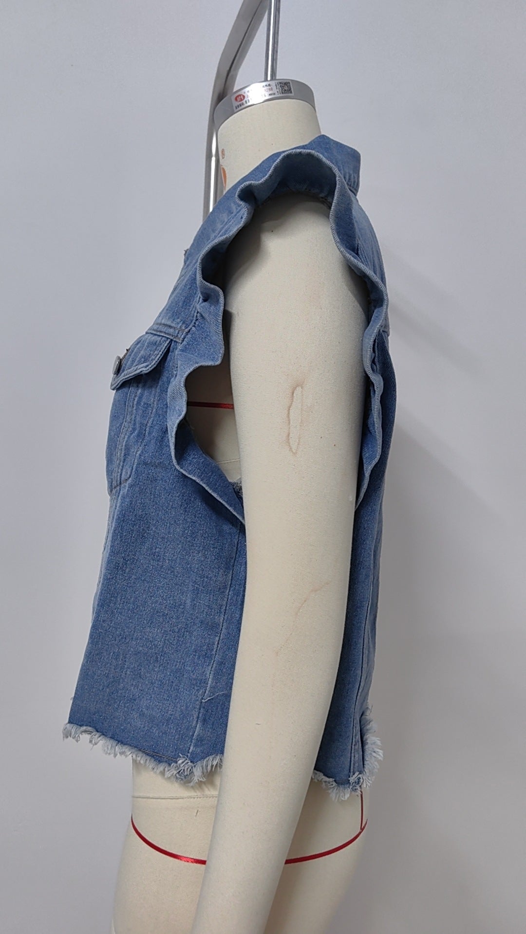 Ruffle Shoulder Frayed Hem Denim Vest - Blue - 2