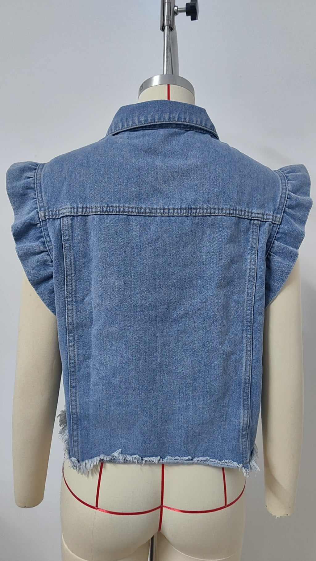 Ruffle Shoulder Frayed Hem Denim Vest - Blue - 3