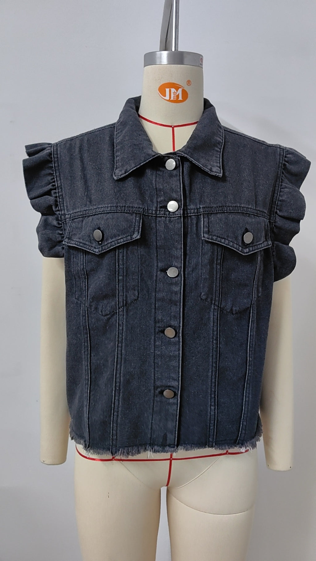 Ruffle Shoulder Frayed Hem Denim Vest - charcoal - 6