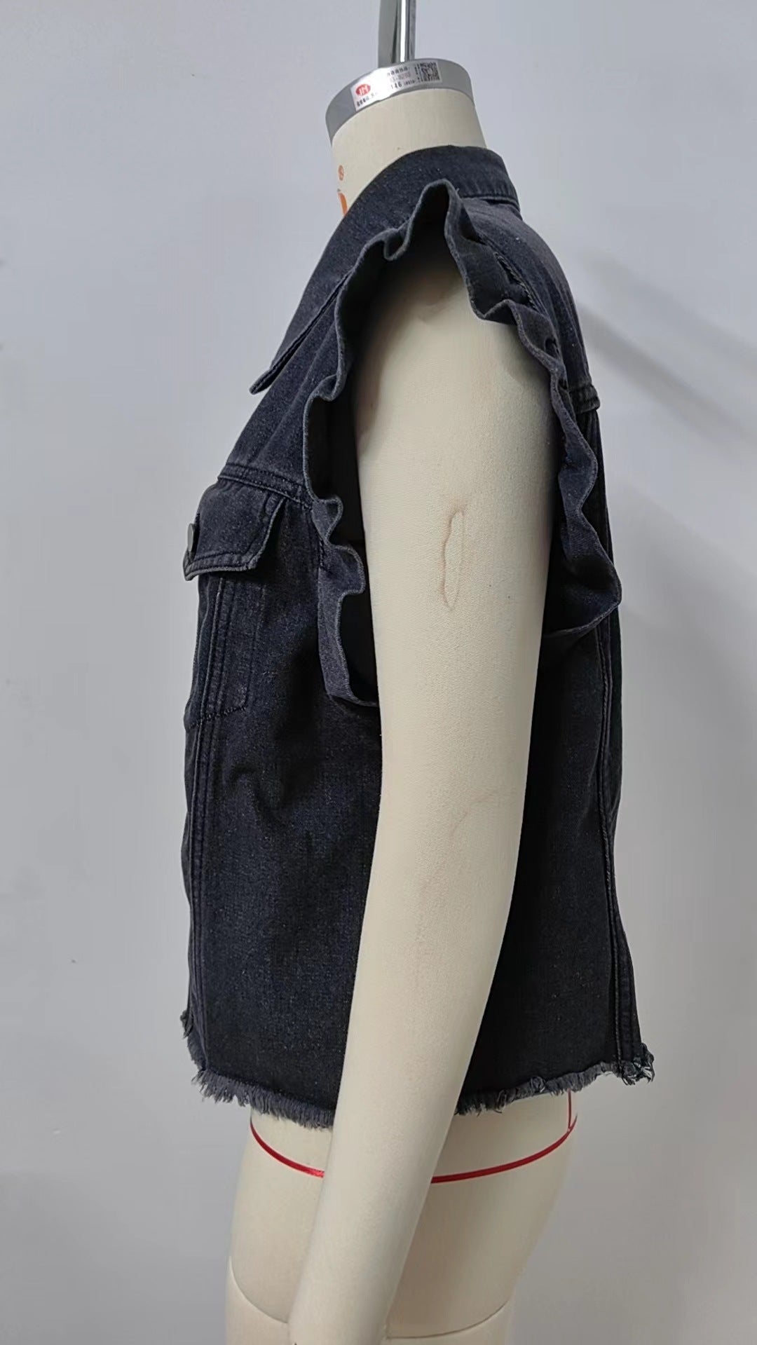 Ruffle Shoulder Frayed Hem Denim Vest - charcoal - 7