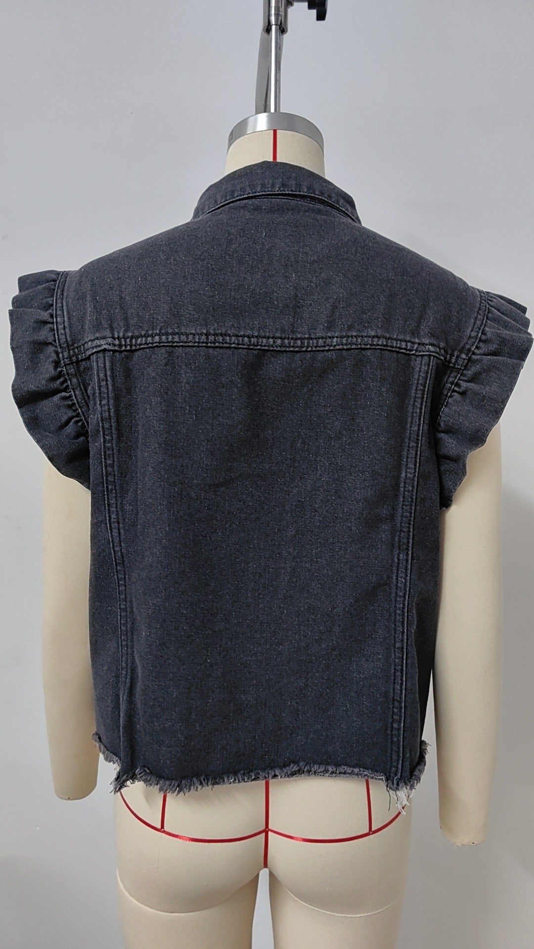 Ruffle Shoulder Frayed Hem Denim Vest - charcoal - 8