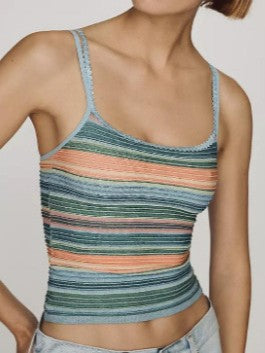 Striped Double Strap Cropped Knit Tank Top - Green
