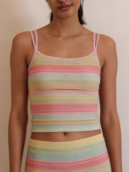 Striped Double Strap Cropped Knit Tank Top - Pink