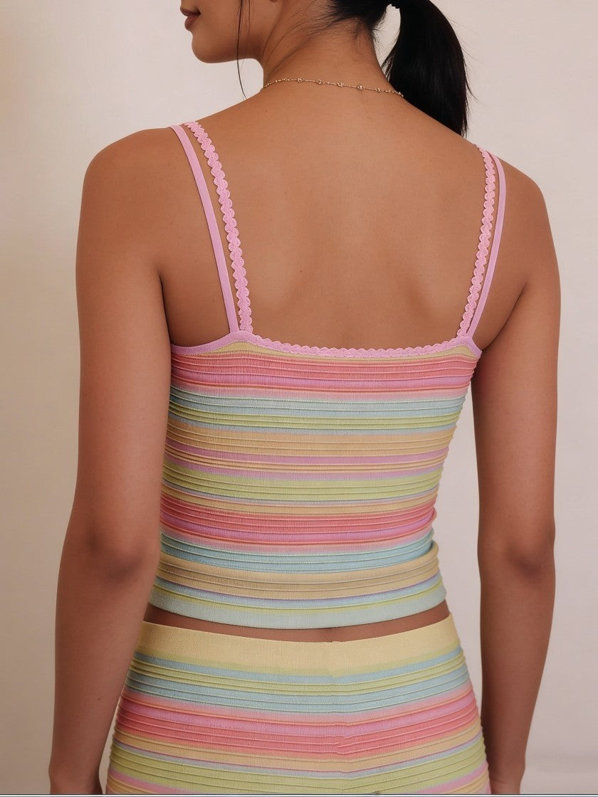 Striped Double Strap Cropped Knit Tank Top - Pink - 1