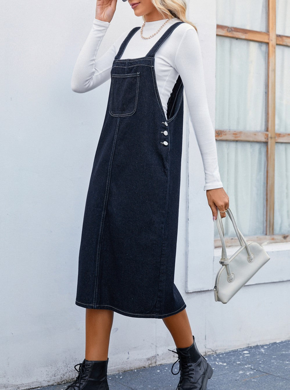 Denim Pinafore Midi Dress With Patch Pocket - Black