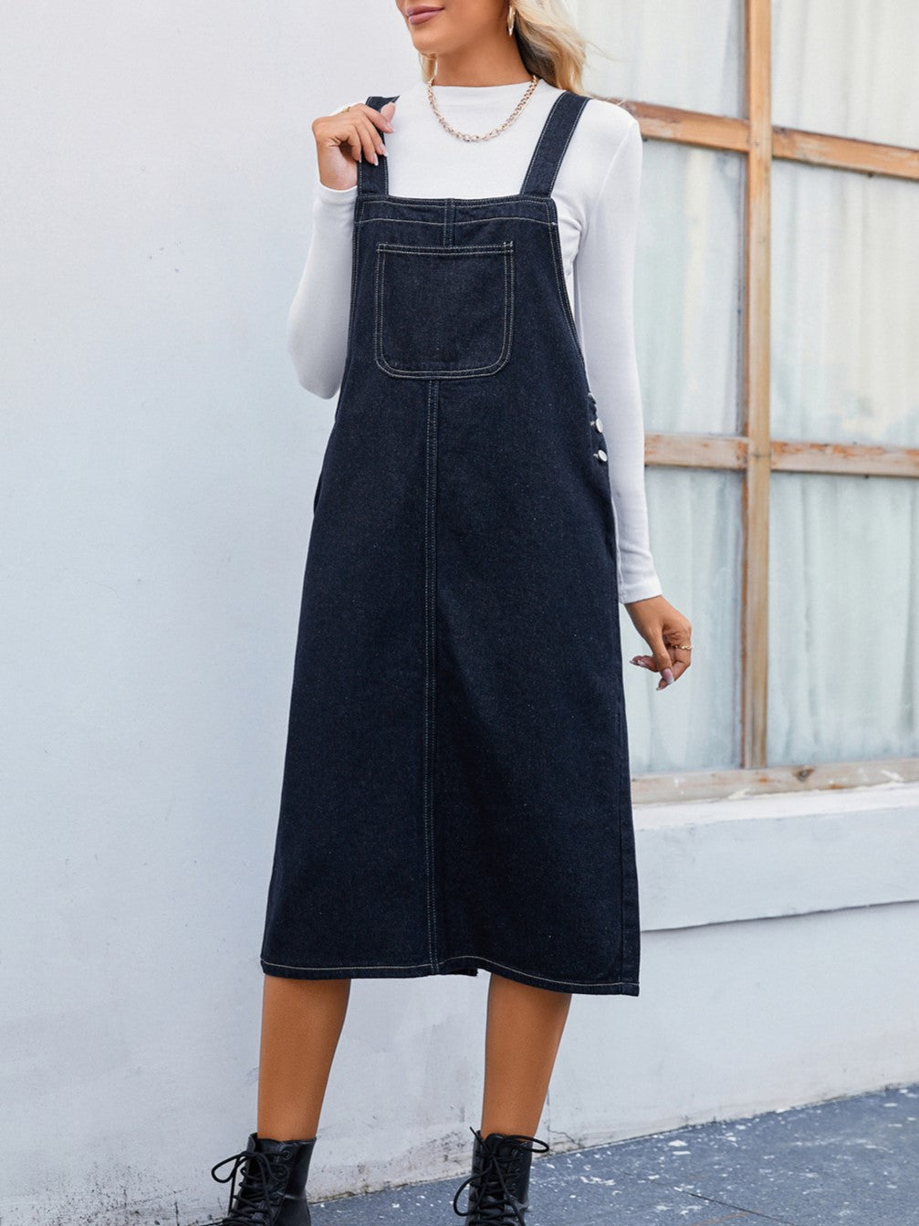 Denim Pinafore Midi Dress With Patch Pocket - Black - 1