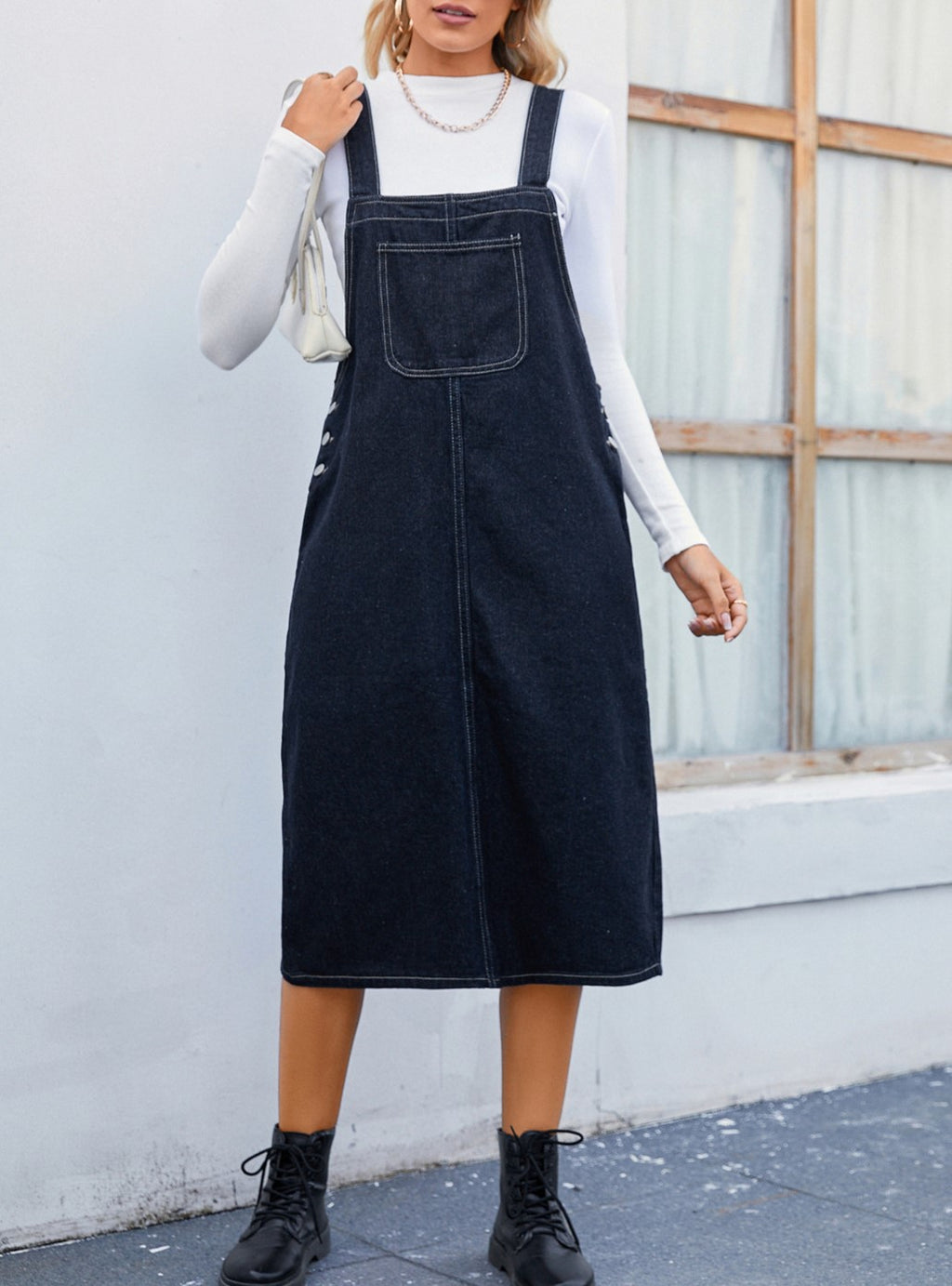 Denim Pinafore Midi Dress With Patch Pocket - Black - 3