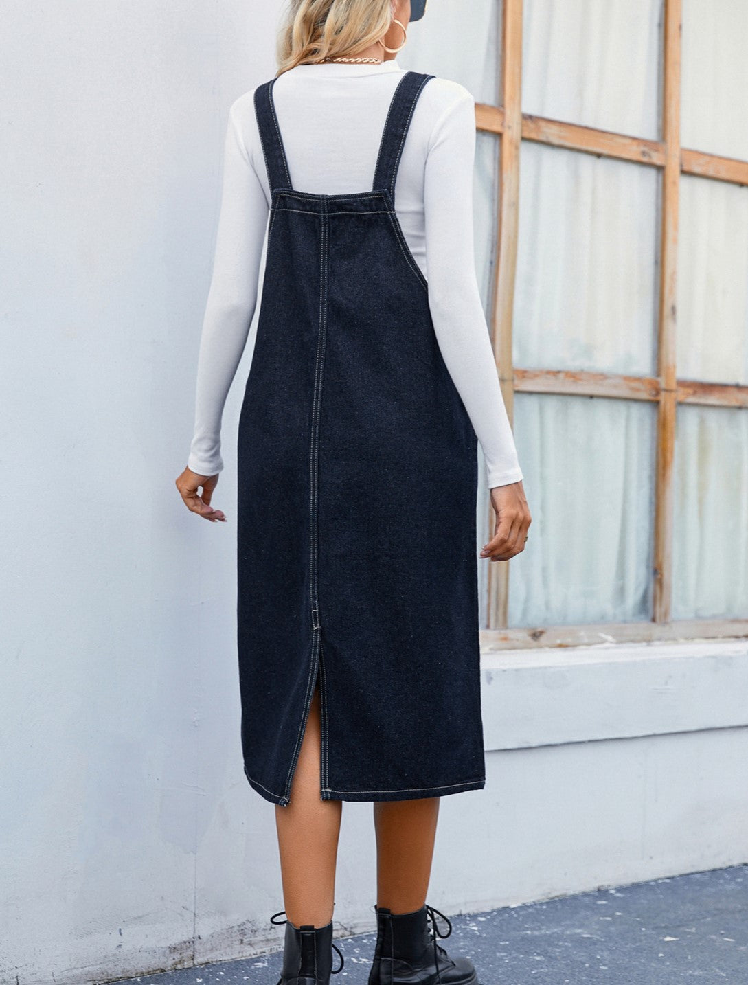 Denim Pinafore Midi Dress With Patch Pocket - Black - 4