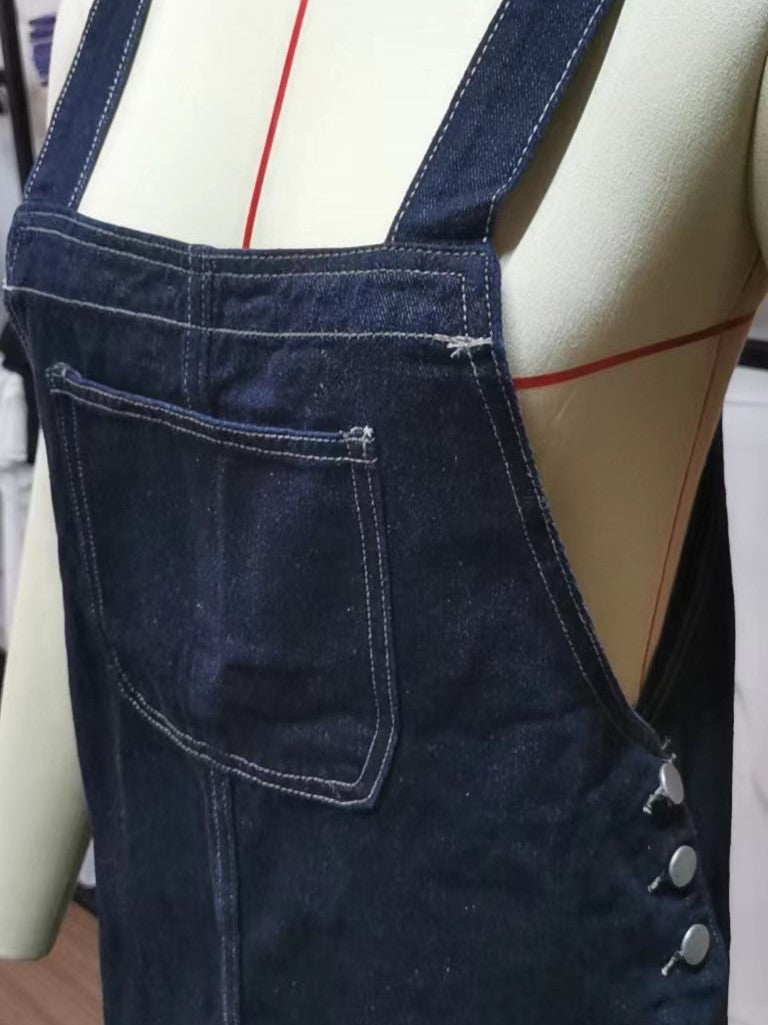 Denim Pinafore Midi Dress With Patch Pocket - Black - 5