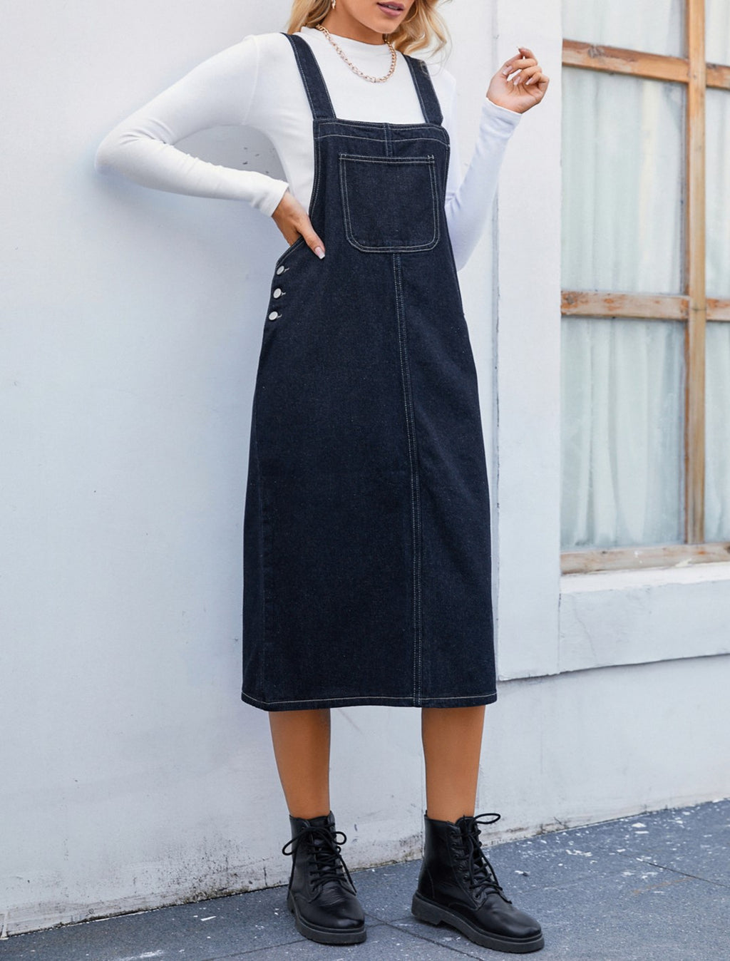 Denim Pinafore Midi Dress With Patch Pocket