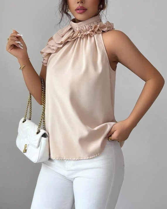 Satin Ruffle Trim High Neck Tank - Apricot