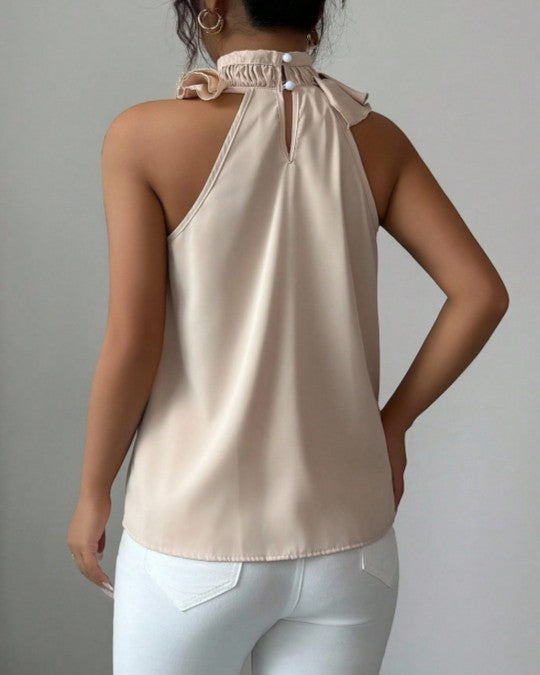 Satin Ruffle Trim High Neck Tank - Apricot - 1