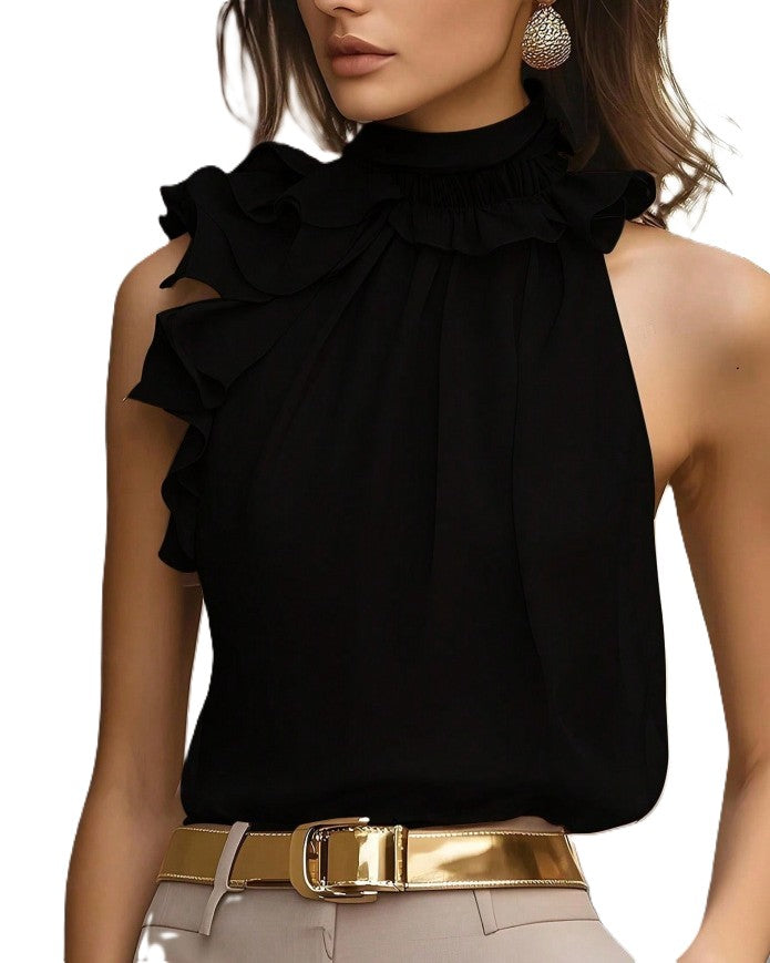 Satin Ruffle Trim High Neck Tank - Black