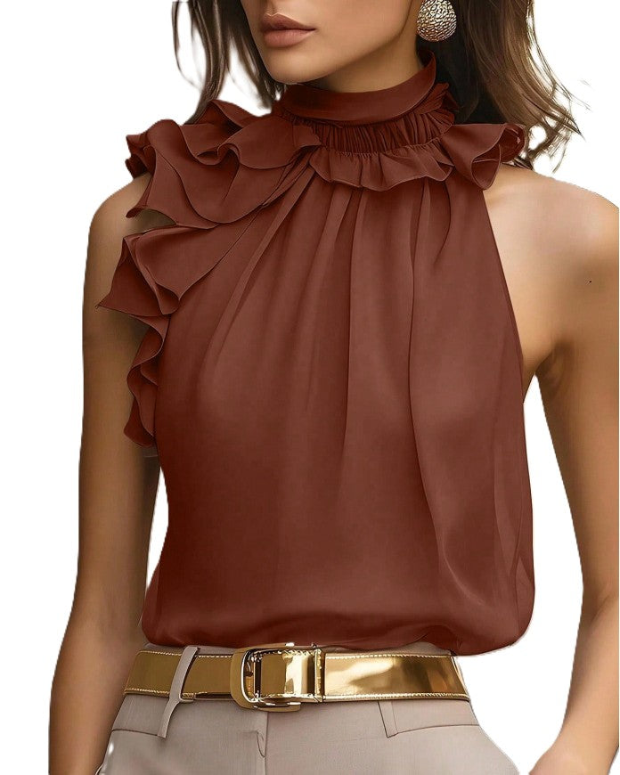 Satin Ruffle Trim High Neck Tank - Coffee