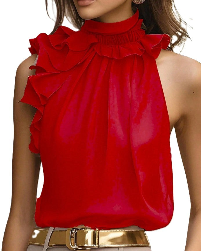 Satin Ruffle Trim High Neck Tank - Red
