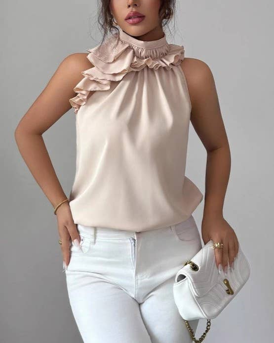 Satin Ruffle Trim High Neck Tank
