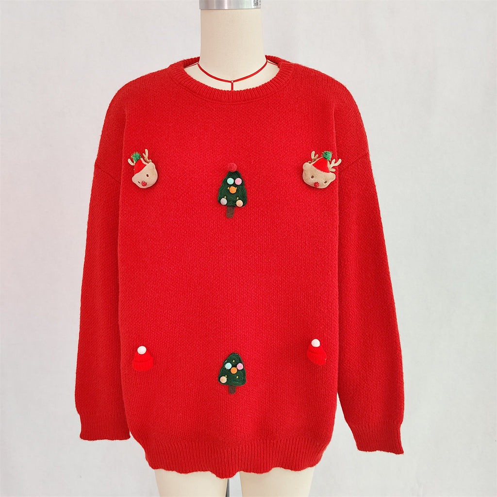 Pom Pom Reindeer Applique Knit Sweater - Red - 1