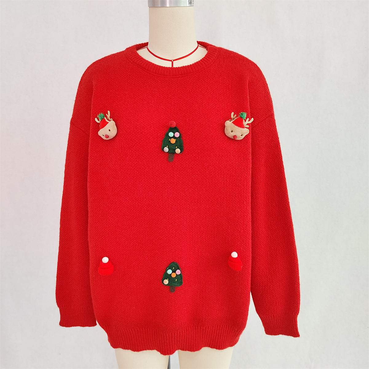 Pom Pom Reindeer Applique Knit Sweater - Red - 1