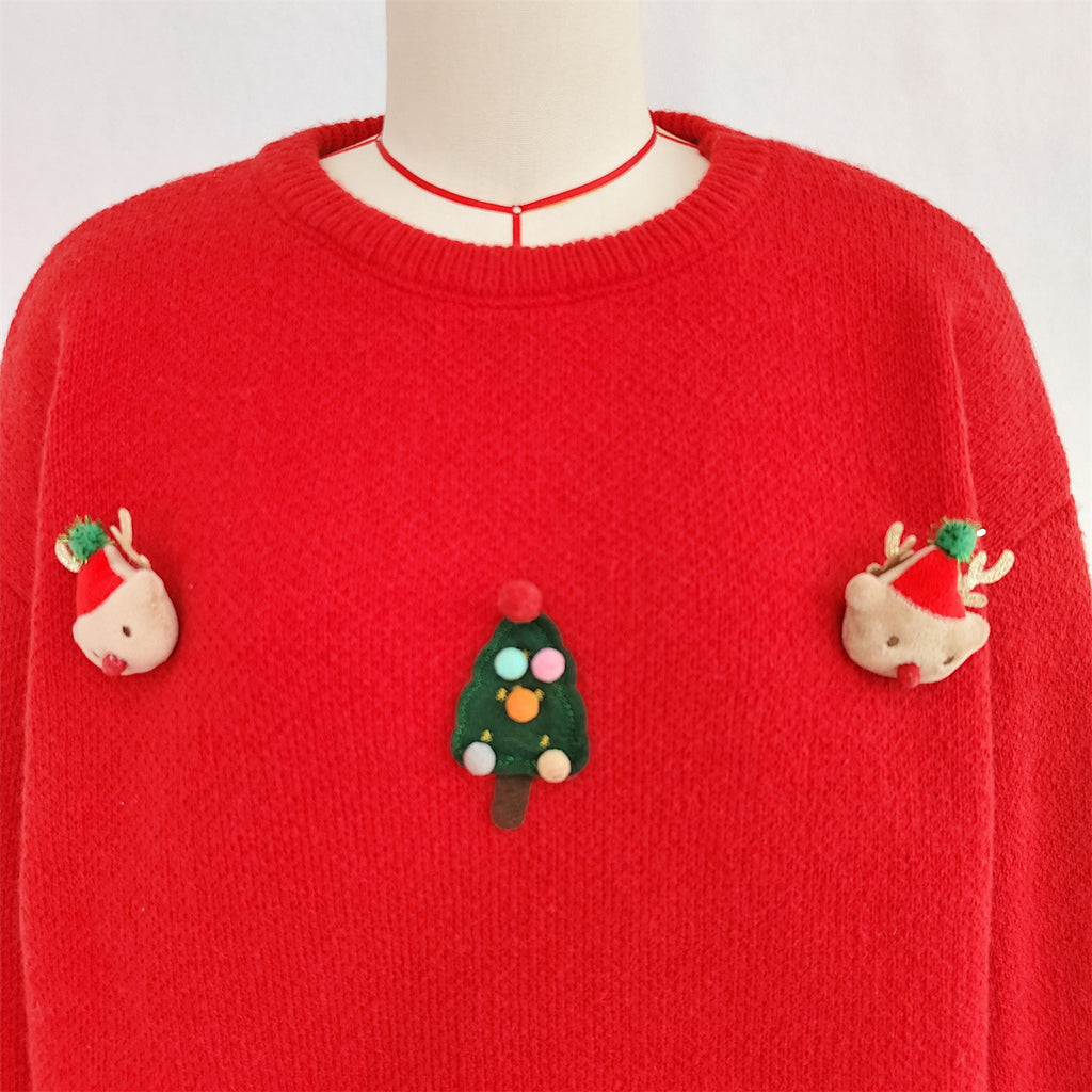 Pom Pom Reindeer Applique Knit Sweater - Red - 2