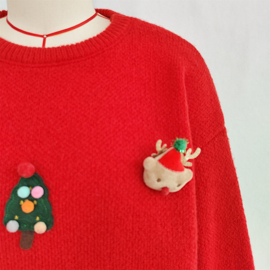 Pom Pom Reindeer Applique Knit Sweater - Red - 3