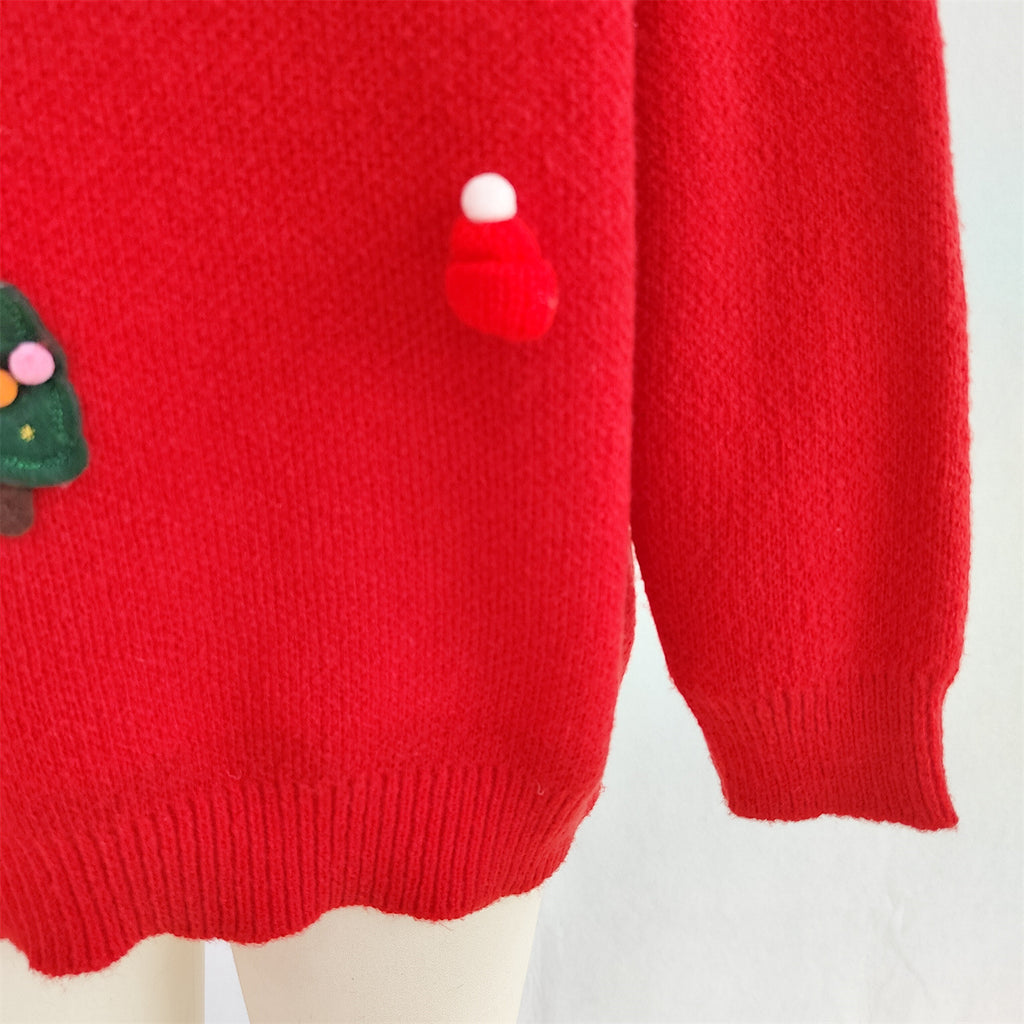 Pom Pom Reindeer Applique Knit Sweater - Red - 4