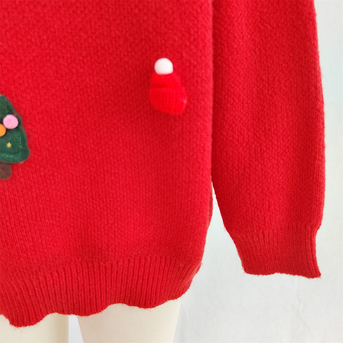 Pom Pom Reindeer Applique Knit Sweater - Red - 4