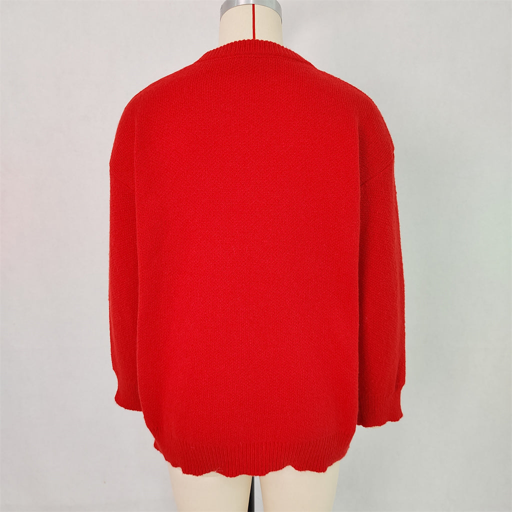 Pom Pom Reindeer Applique Knit Sweater - Red - 5