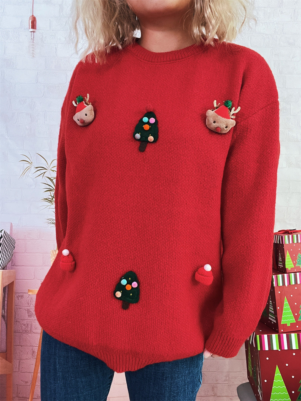 Pom Pom Reindeer Applique Knit Sweater - Red - 7
