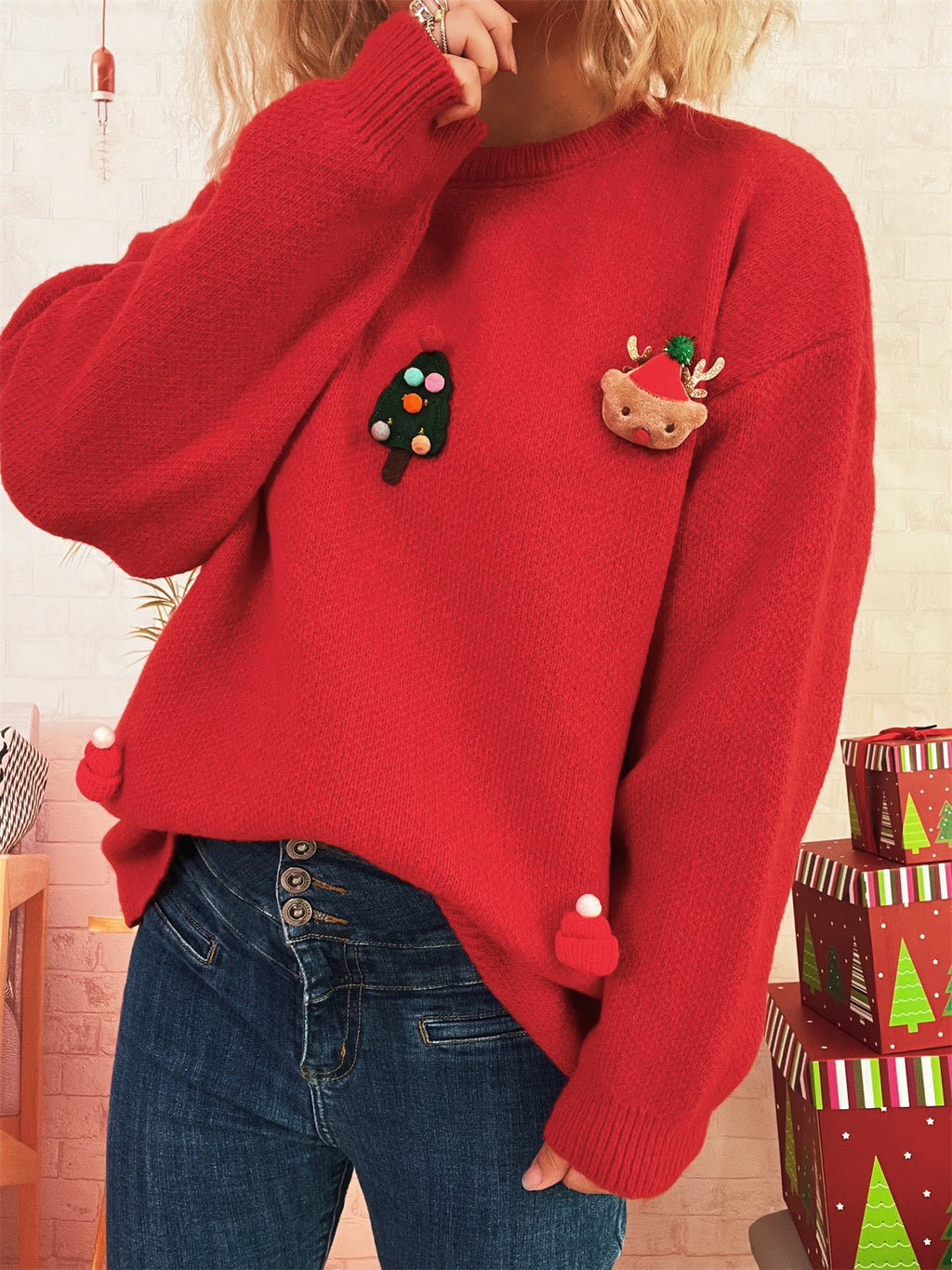 Pom Pom Reindeer Applique Knit Sweater - Red - 8