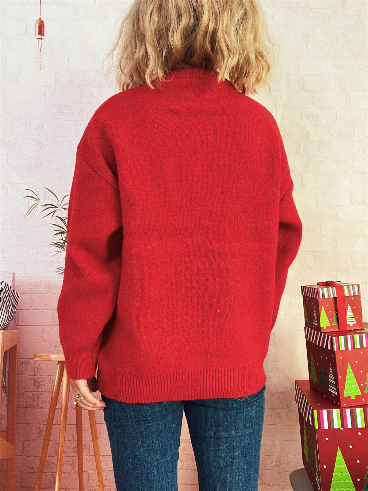 Pom Pom Reindeer Applique Knit Sweater - Red - 9