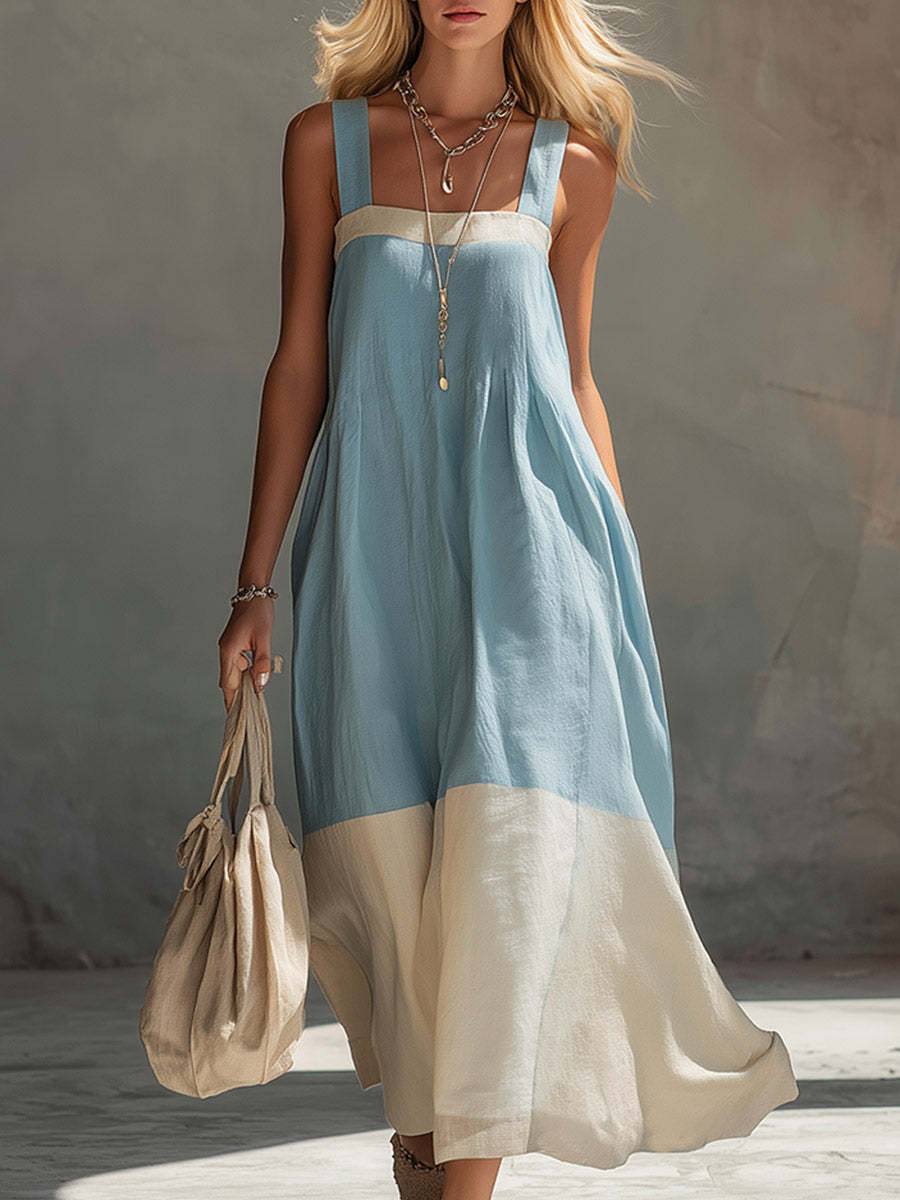 Two Tone Panelled Maxi Sundress - Blue