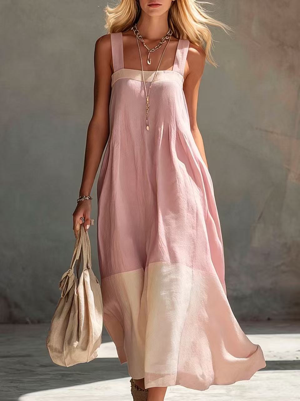 Two Tone Panelled Maxi Sundress - Pink