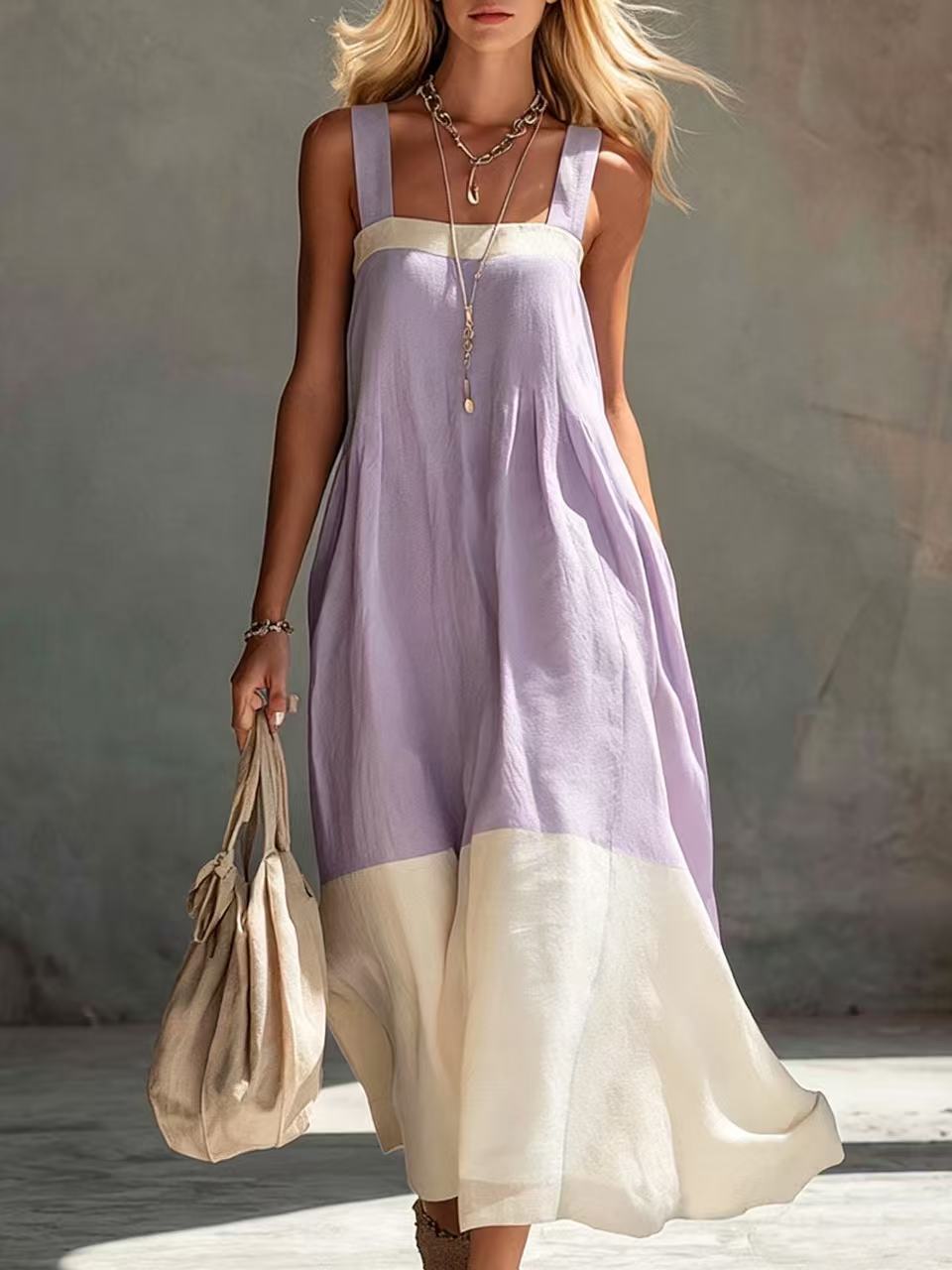 Two Tone Panelled Maxi Sundress - Purple