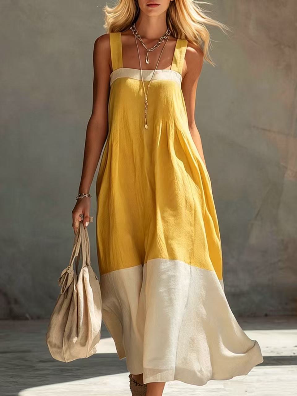 Two Tone Panelled Maxi Sundress - Yellow