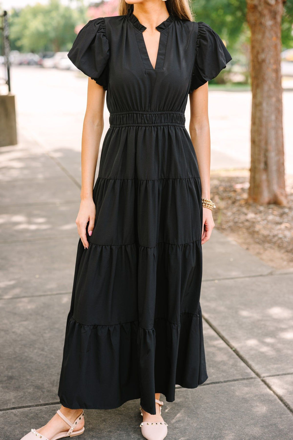 Split Neck Puff Sleeve Tiered Maxi Dress - Black - 1