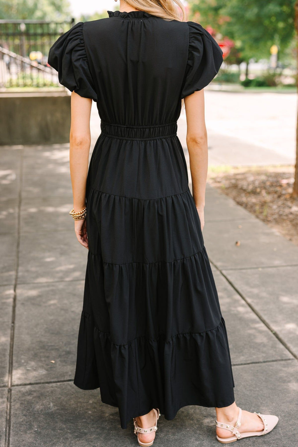 Split Neck Puff Sleeve Tiered Maxi Dress - Black - 2