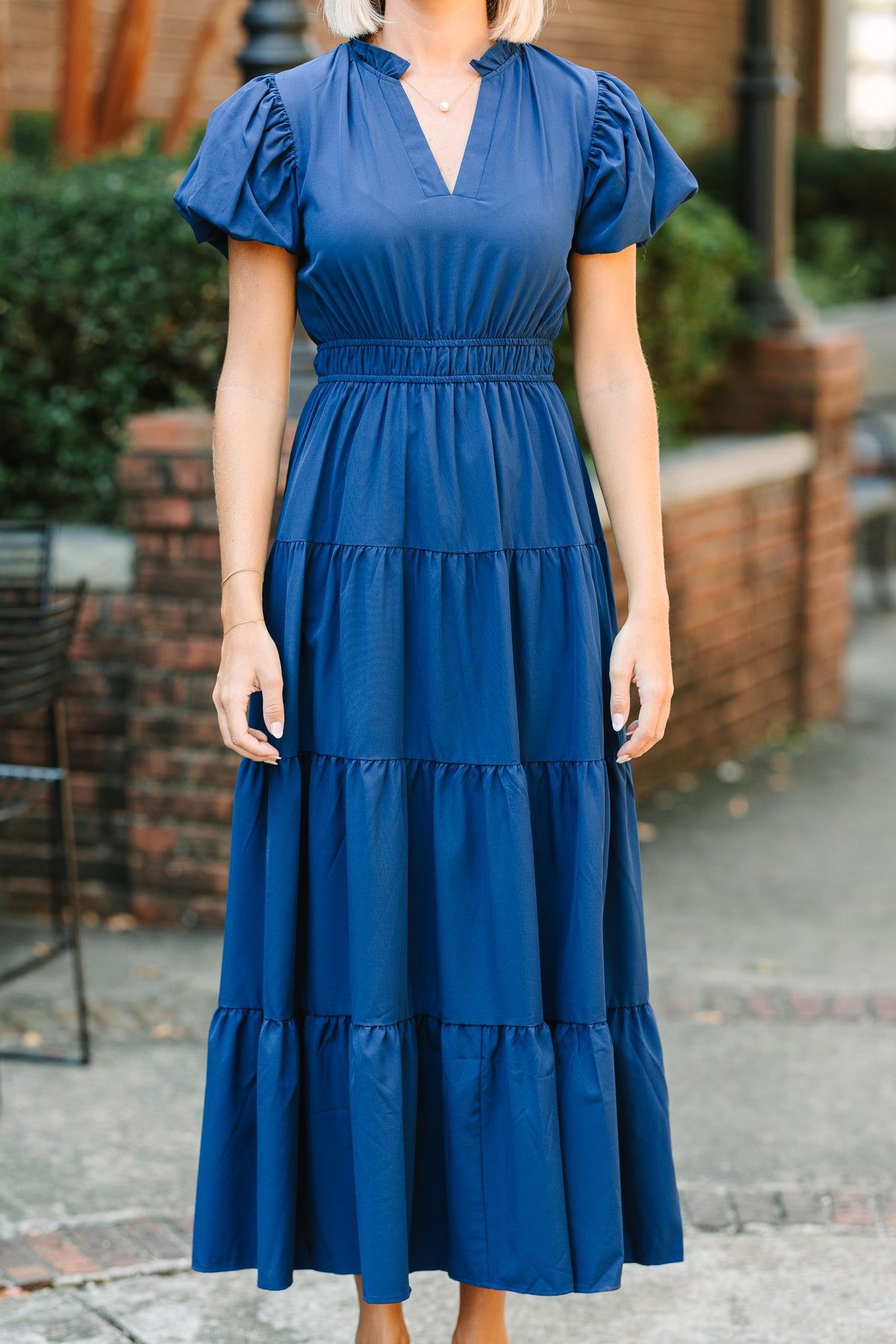Split Neck Puff Sleeve Tiered Maxi Dress - Navy Blue