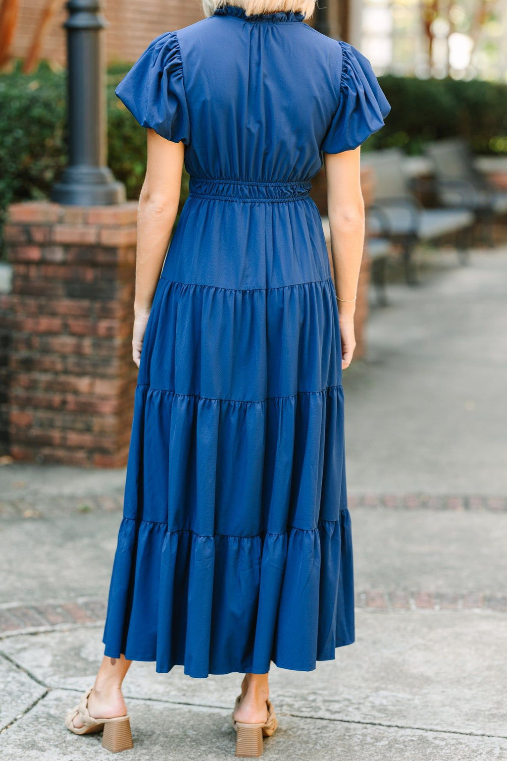 Split Neck Puff Sleeve Tiered Maxi Dress - Navy Blue - 1
