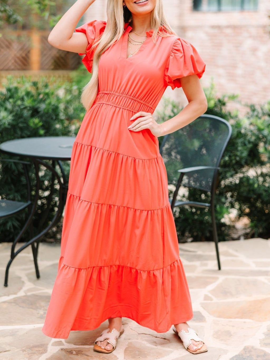 Split Neck Puff Sleeve Tiered Maxi Dress - Orange