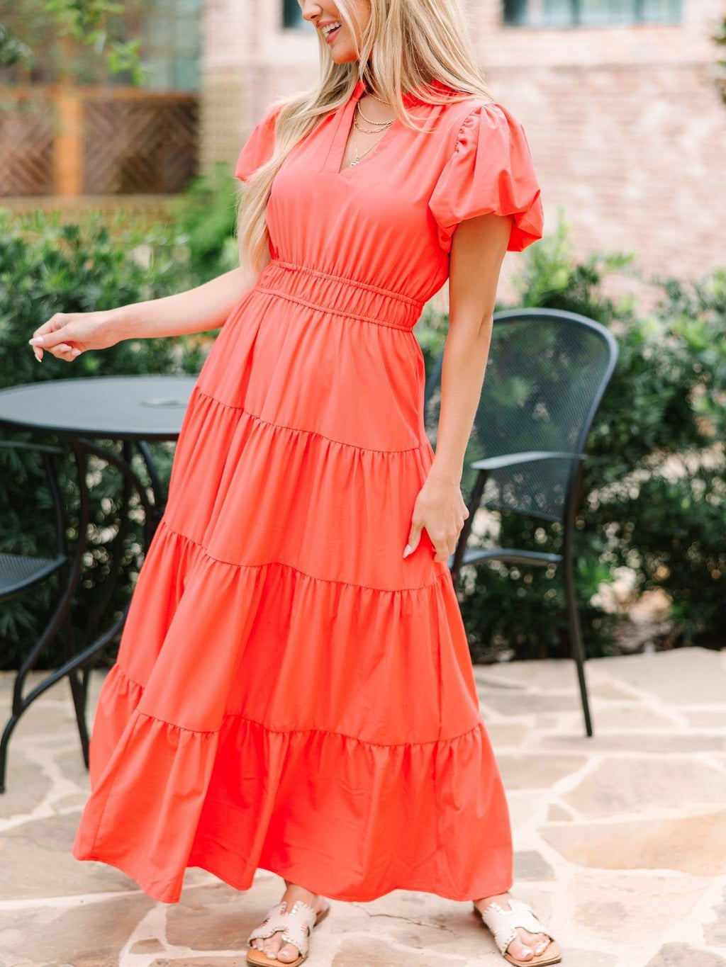 Split Neck Puff Sleeve Tiered Maxi Dress - Orange - 1
